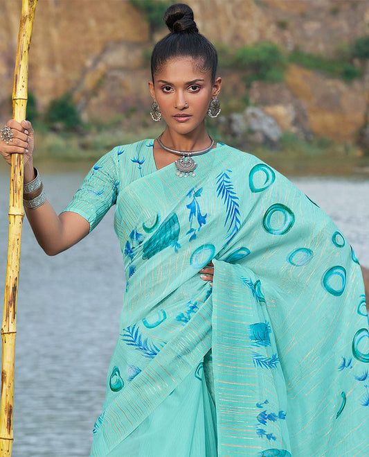Turquoise floral & geometric printed & striped designer catalog organza saree, striped border & floral printed pallu