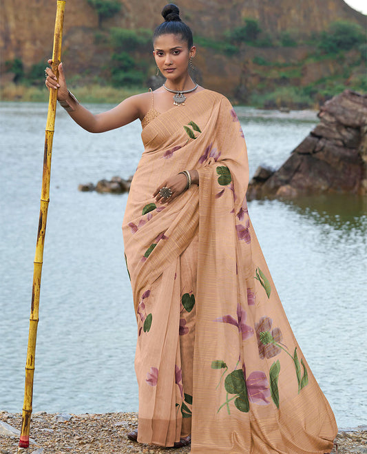 Sandal floral printed & striped designer catalog organza saree, striped border & striped pallu