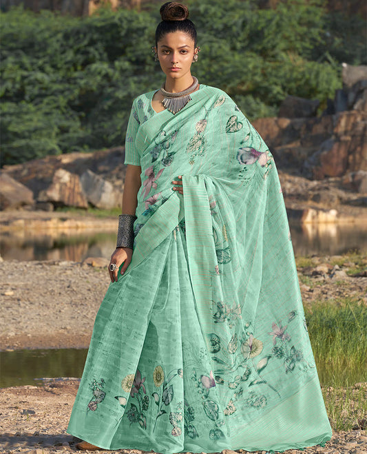 Turquoise floral printed & striped designer catalog organza saree, striped border & striped & floral printed pallu