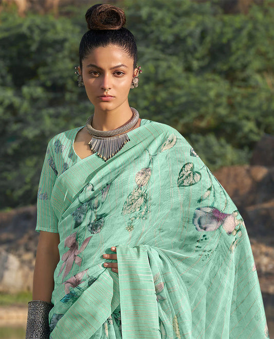 Turquoise floral printed & striped designer catalog organza saree, striped border & striped & floral printed pallu