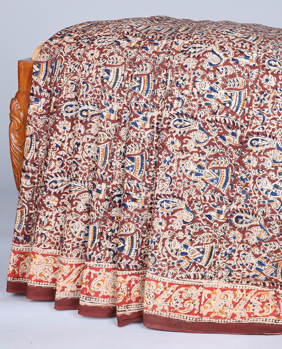 Brown floral & human motif machine-print kalamkari cotton saree,contrast floral print border & intricately printed pallu