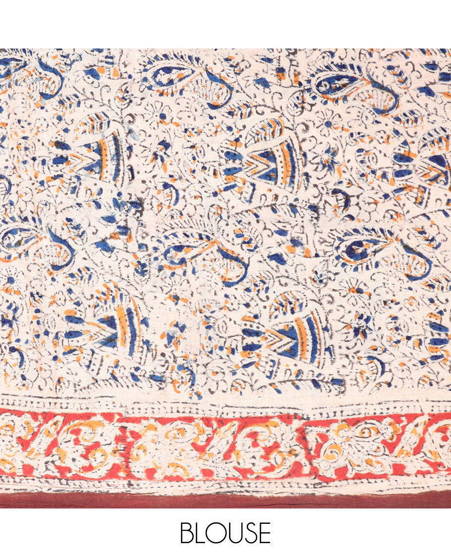 Brown floral & human motif machine-print kalamkari cotton saree,contrast floral print border & intricately printed pallu