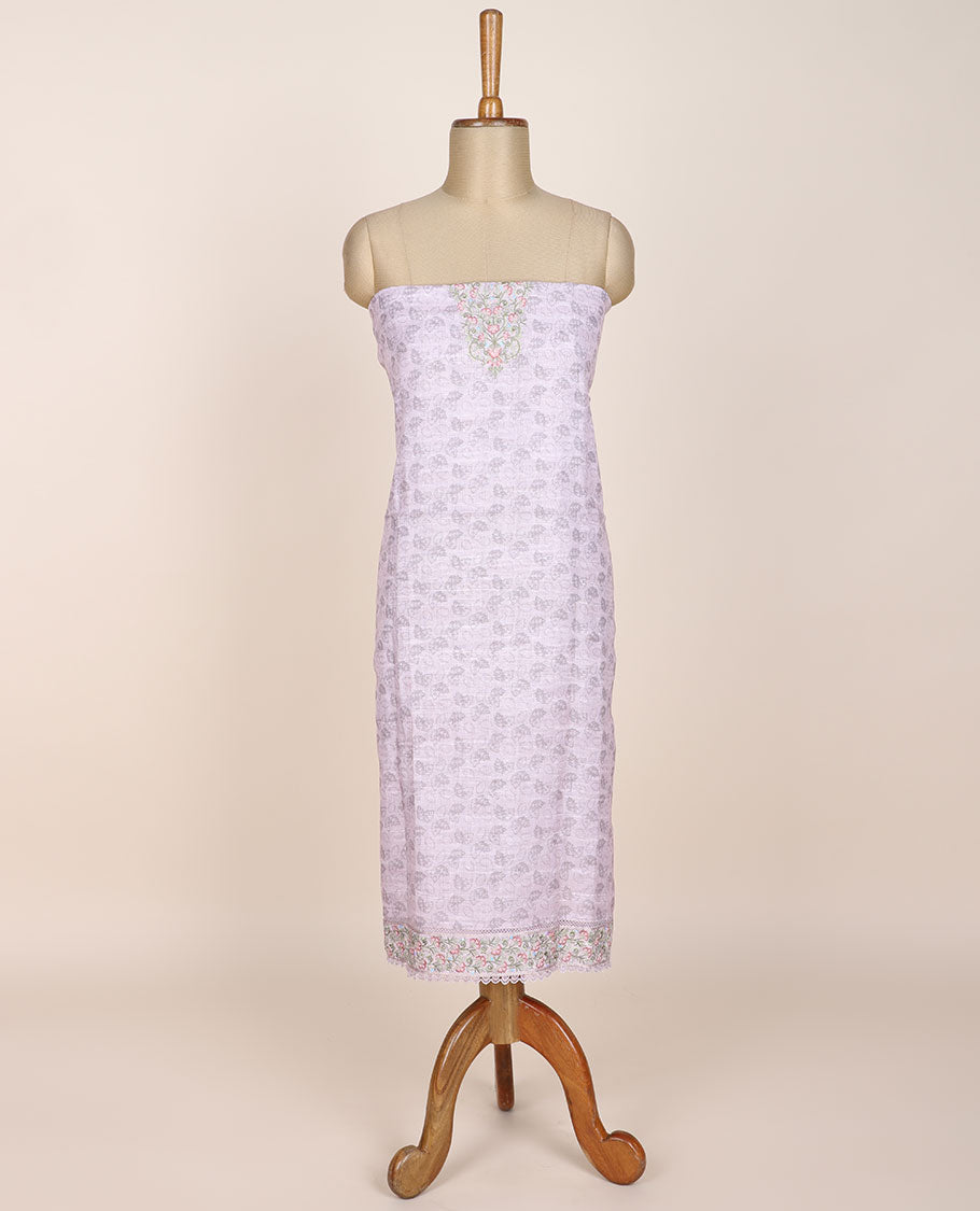 Pink chudidhar material set, leaf print & embroidered top, plain bottom & chevron printed dupatta