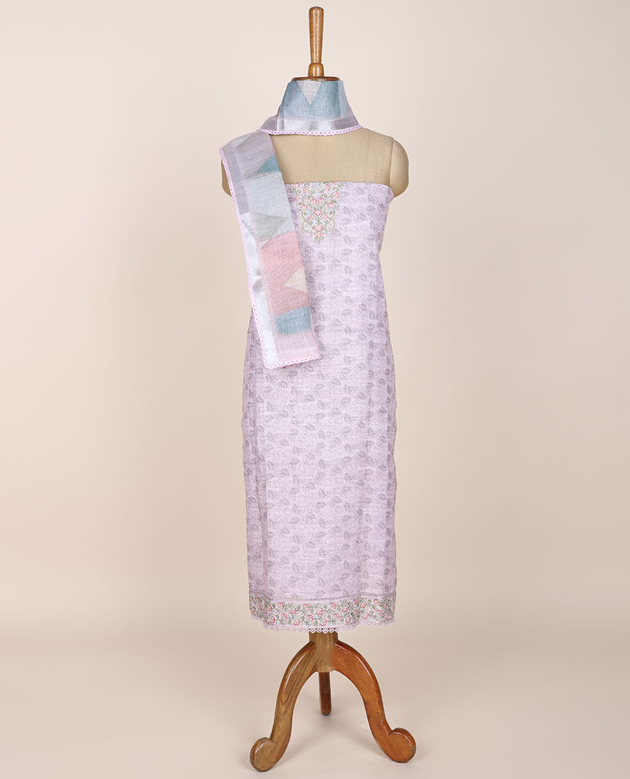 Pink chudidhar material set, leaf print & embroidered top, plain bottom & chevron printed dupatta