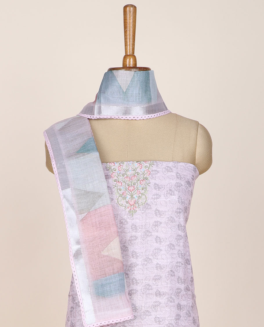 Pink chudidhar material set, leaf print & embroidered top, plain bottom & chevron printed dupatta