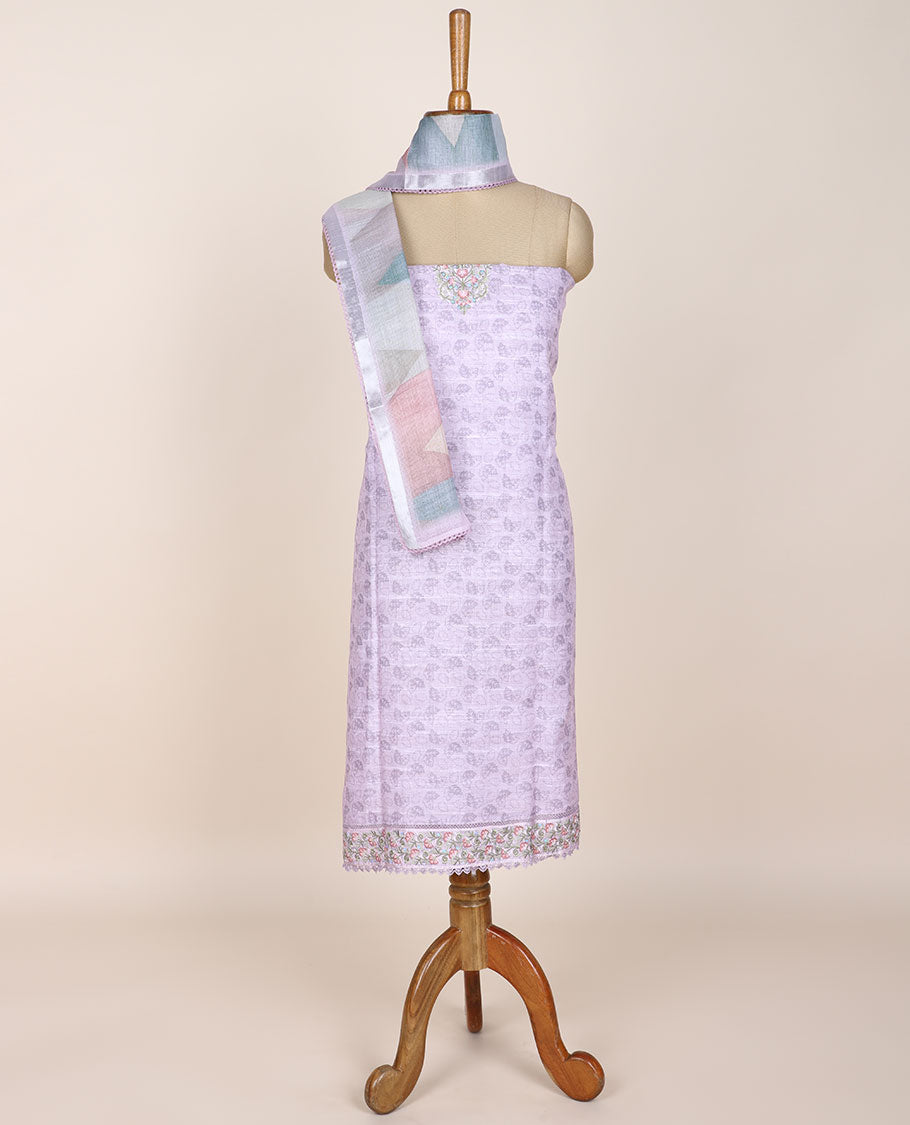 Pale lavender chudidhar material set, leaf print & embroidered top, plain bottom & chevron printed dupatta