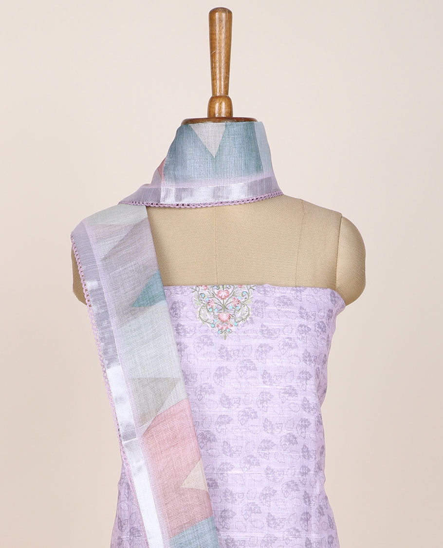 Pale lavender chudidhar material set, leaf print & embroidered top, plain bottom & chevron printed dupatta
