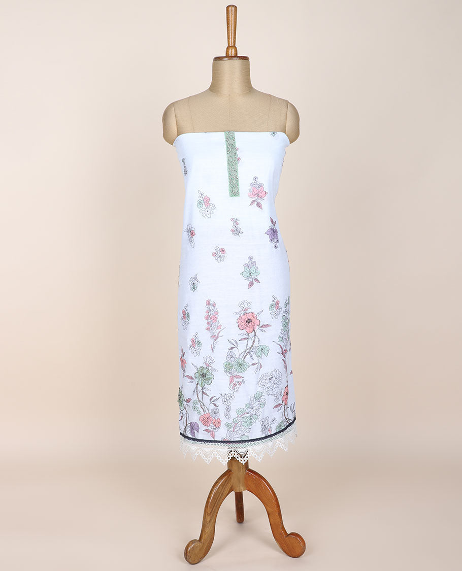 White chudidhar material set,floral printed & embroidered top, plain bottom & floral printed & embroidered dupatta