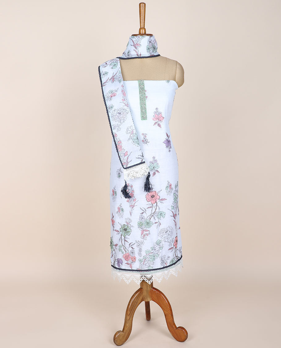 White chudidhar material set,floral printed & embroidered top, plain bottom & floral printed & embroidered dupatta