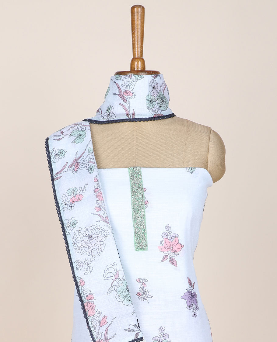 White chudidhar material set,floral printed & embroidered top, plain bottom & floral printed & embroidered dupatta