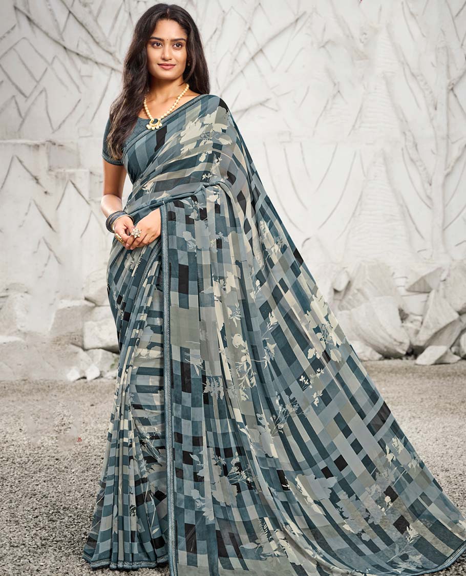 Grey checks & floral vine printed casual wear catalog saree