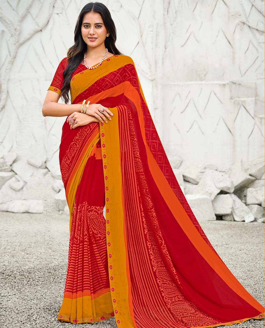 Red stripes, floral, paisley & bandhani printed casual wear catalog saree, contrast border