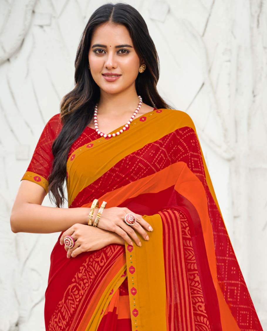 Red stripes, floral, paisley & bandhani printed casual wear catalog saree, contrast border