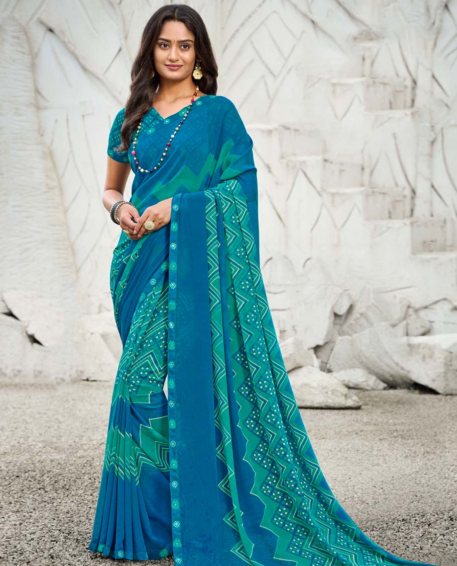 Blue chevron stripes printed casual wear catalog saree, self-border