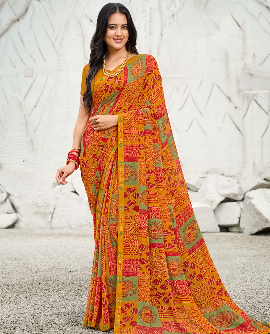 Orange intricate paisley printed casual wear catalog saree, lace border