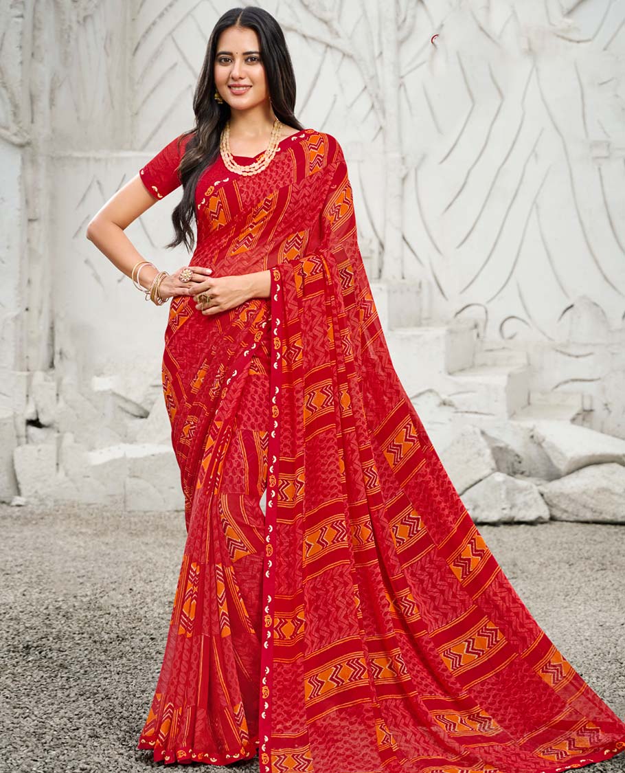 Red paisley & geometric patterned printed casual wear catalog saree, self-border