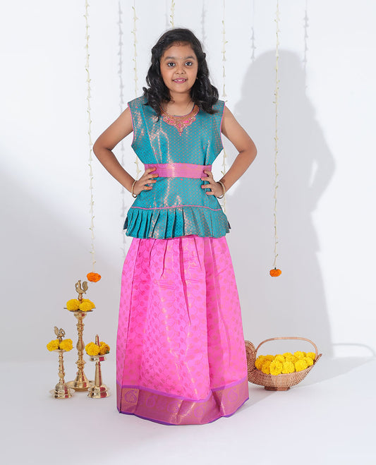 Pink jacquard readymade art silk pavadai, contrast traditional zari border & jacquard & embroidered sleeveless blouse