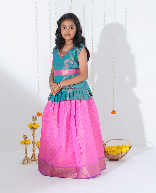 Pink jacquard readymade art silk pavadai, contrast traditional zari border & jacquard & embroidered sleeveless blouse
