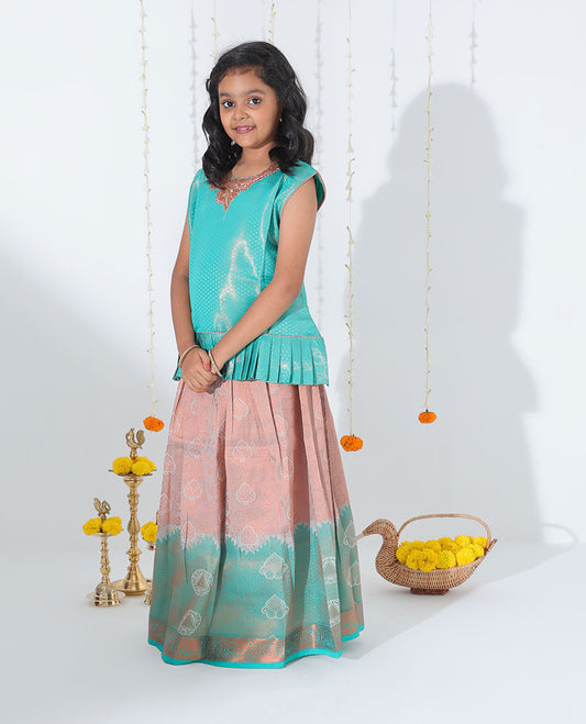 Grey jacquard readymade art silk pavadai, paisley zari border & jacquard & embroidered sleeveless blouse