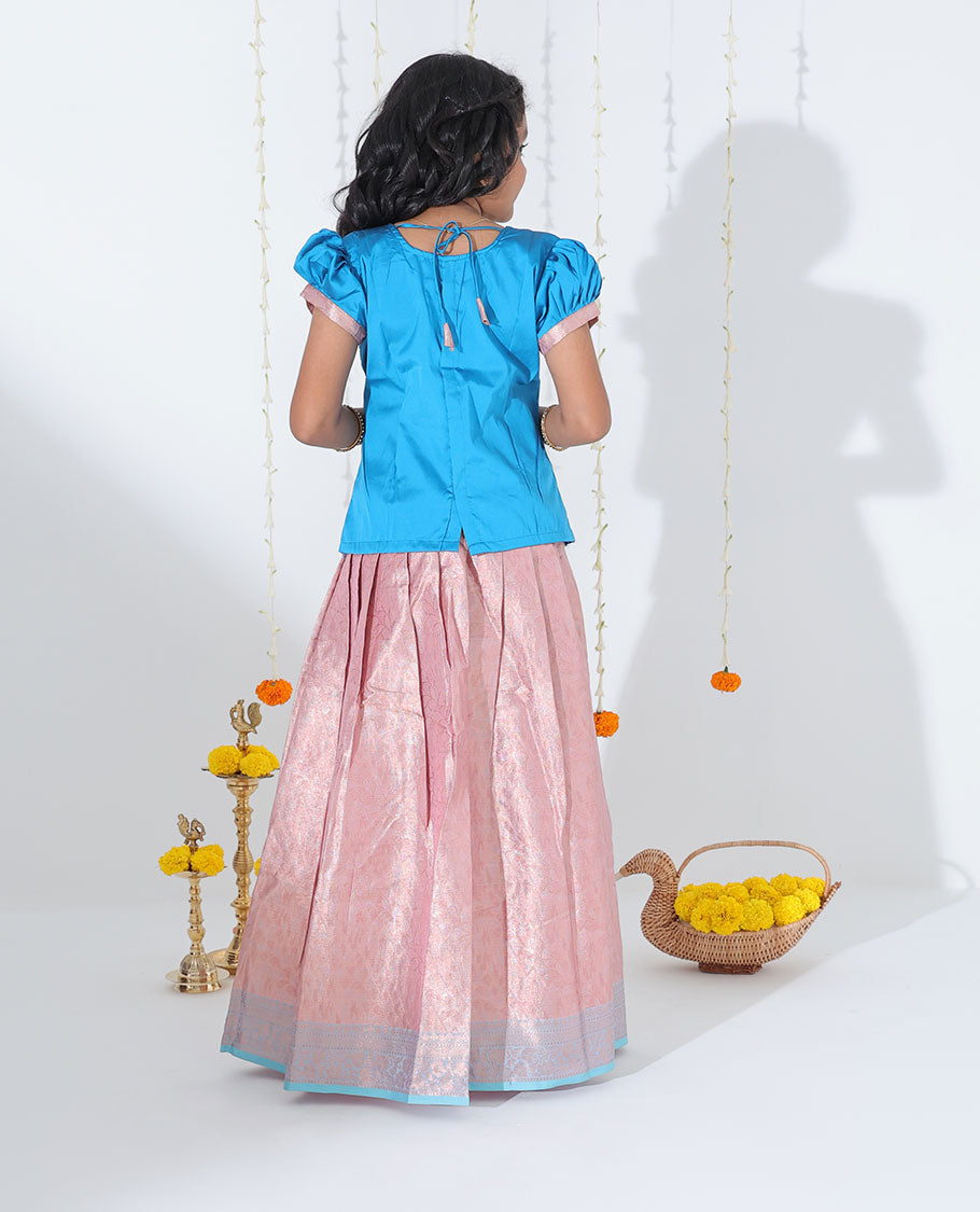 Pink jacquard readymade art silk pavadai with contrast floral design zari border & embroidery puff-sleeve blouse