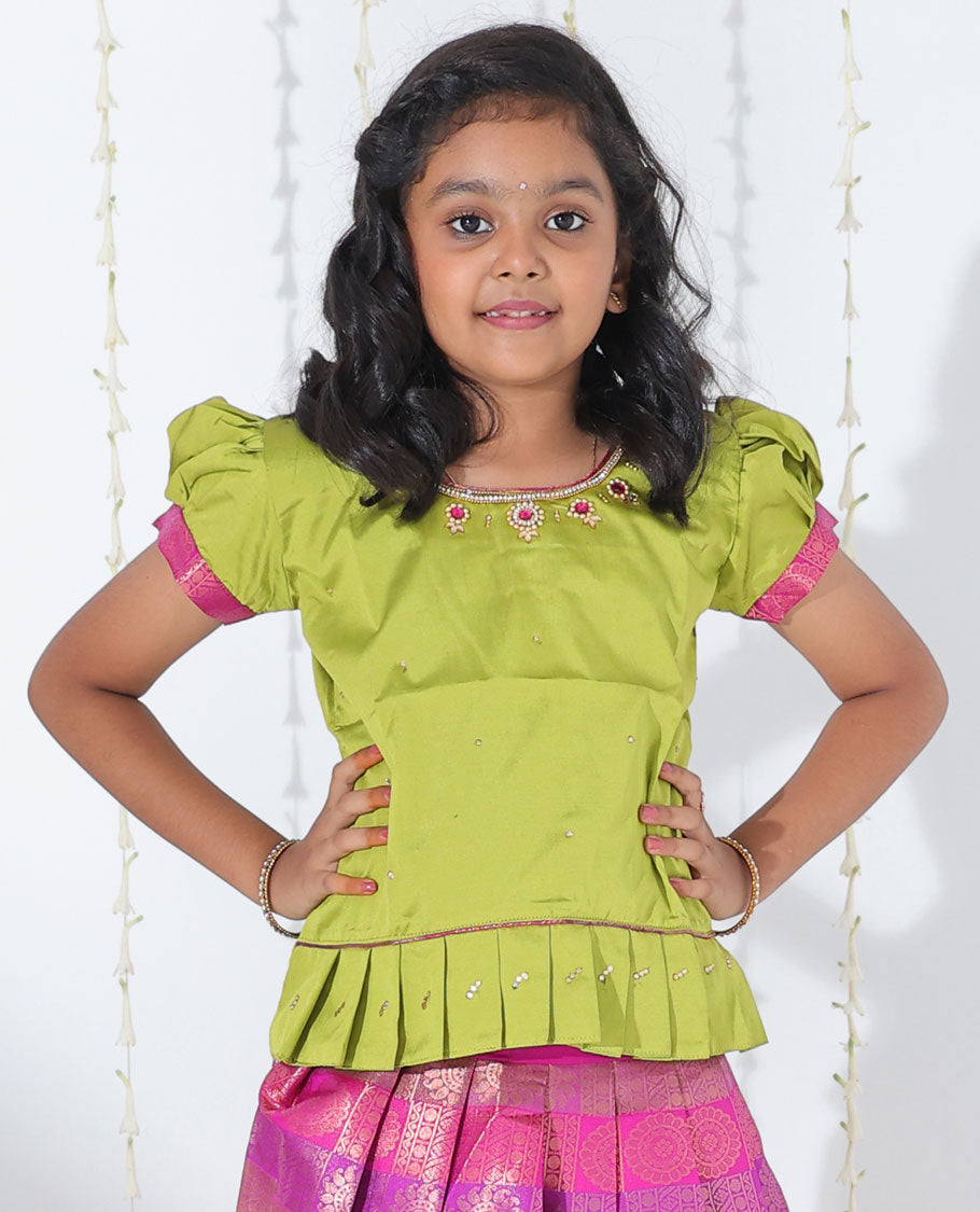 Pink jacquard readymade art silk pavadai with contrast zari design border & embroidery puff-sleeve blouse