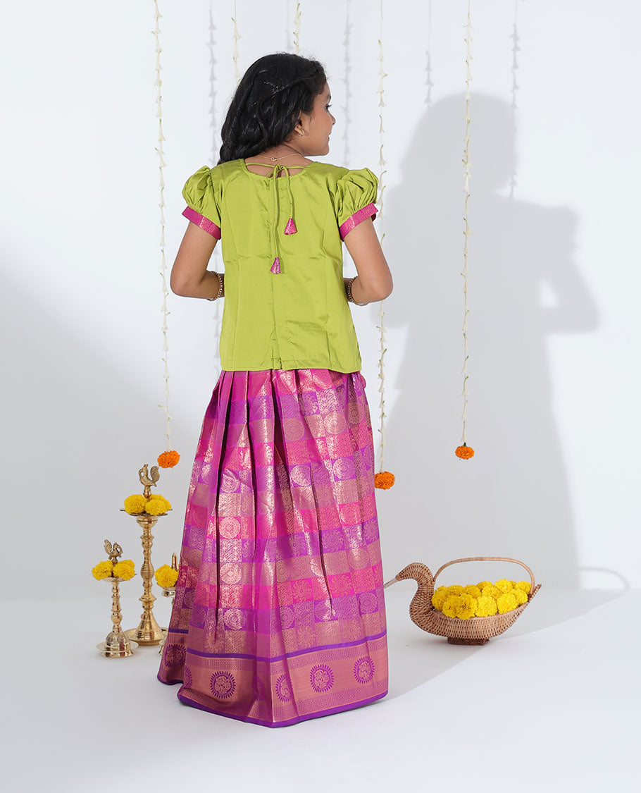 Pink jacquard readymade art silk pavadai with contrast zari design border & embroidery puff-sleeve blouse