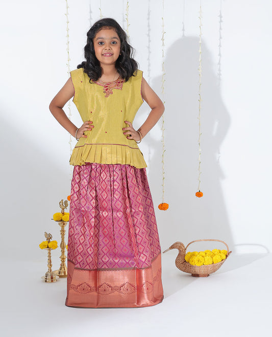 Purple jacquard readymade art silk pavadai with contrast traditional zari design border & embroidery sleeveless blouse