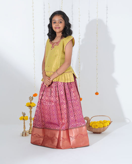 Purple jacquard readymade art silk pavadai with contrast traditional zari design border & embroidery sleeveless blouse