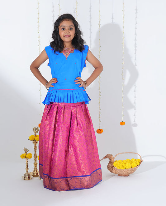 Pink jacquard readymade art silk pavadai with contrast floral creeper zari design border & embroidery sleeveless blouse