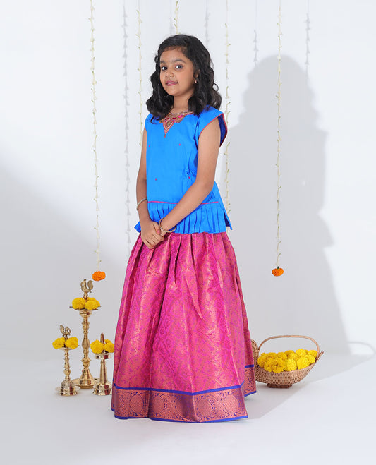 Pink jacquard readymade art silk pavadai with contrast floral creeper zari design border & embroidery sleeveless blouse