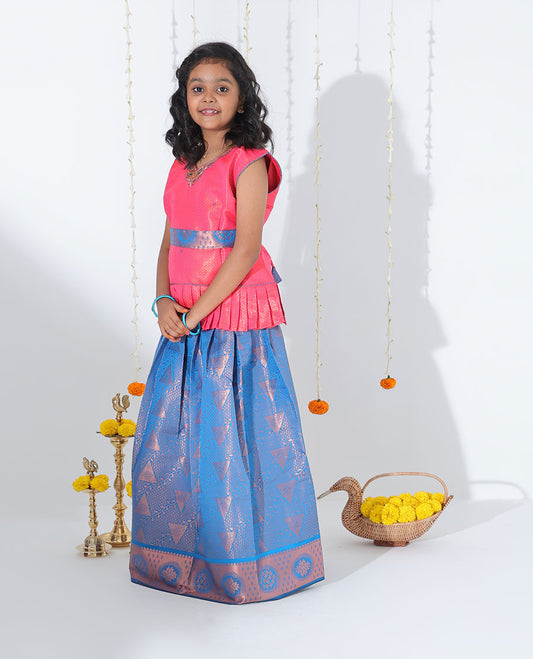 Blue jacquard readymade art silk pavadai with zari design border & contrast embroidery sleeveless blouse
