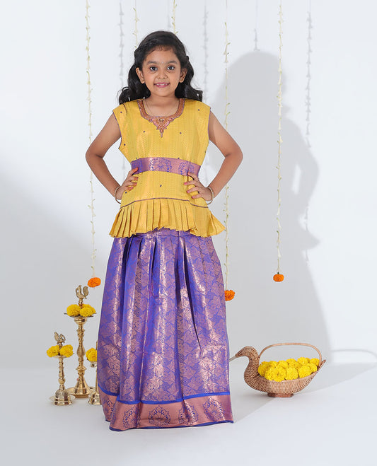 Blue jacquard readymade art silk pavadai, zari border & jacquard & embroidered sleeveless blouse