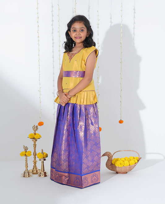 Blue jacquard readymade art silk pavadai, zari border & jacquard & embroidered sleeveless blouse