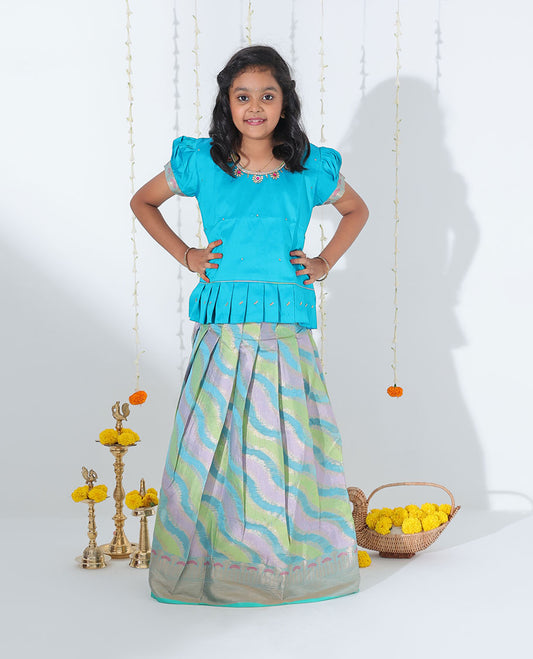 Multi-color rangkat jacquard readymade art silk pavadai,traditional zari border & contrast embroidery puff-sleeve blouse