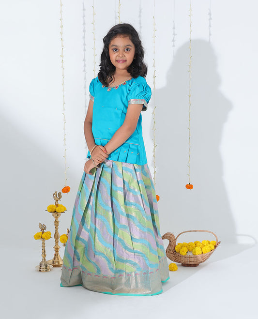 Multi-color rangkat jacquard readymade art silk pavadai,traditional zari border & contrast embroidery puff-sleeve blouse