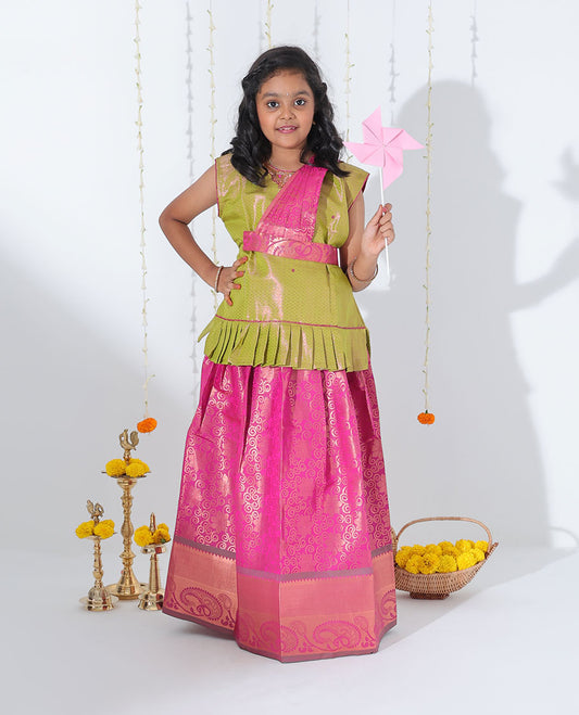 Pink jacquard readymade art silk pavadai, contrast traditional zari border, jacquard with embroidery sleeveless blouse