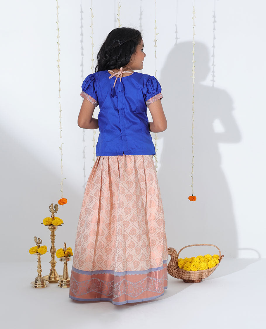 Sandal leaf jacquard readymade art silk pavadai, contrast traditional zari border & embroidery puff-sleeve blouse