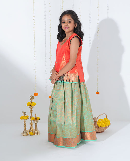 Green jacquard readymade art silk pavadai, traditional zari border & contrast embroidery sleeveless blouse