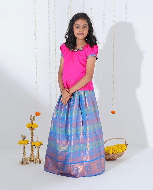 Blue jacquard readymade art silk pavadai with contrast zari design border & embroidery puff-sleeve blouse