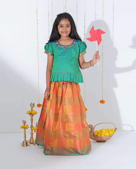 Yellow jacquard readymade art silk pavadai, contrast traditional design zari border & embroidery puff-sleeve blouse