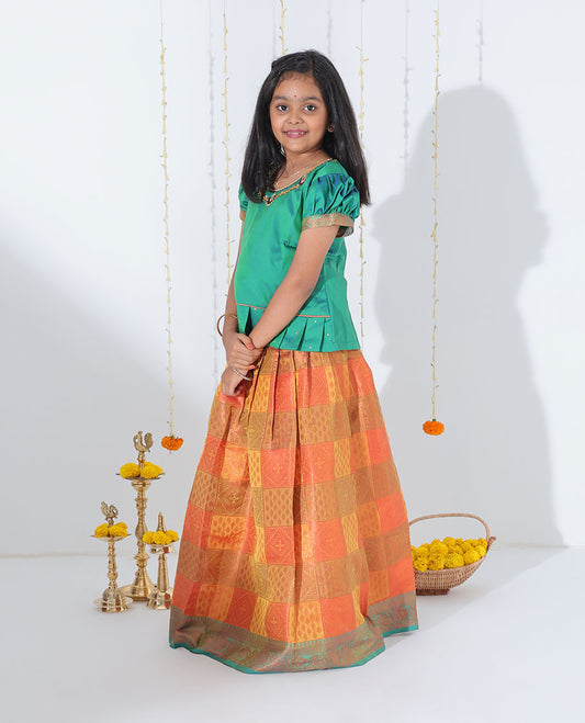 Yellow jacquard readymade art silk pavadai, contrast traditional design zari border & embroidery puff-sleeve blouse