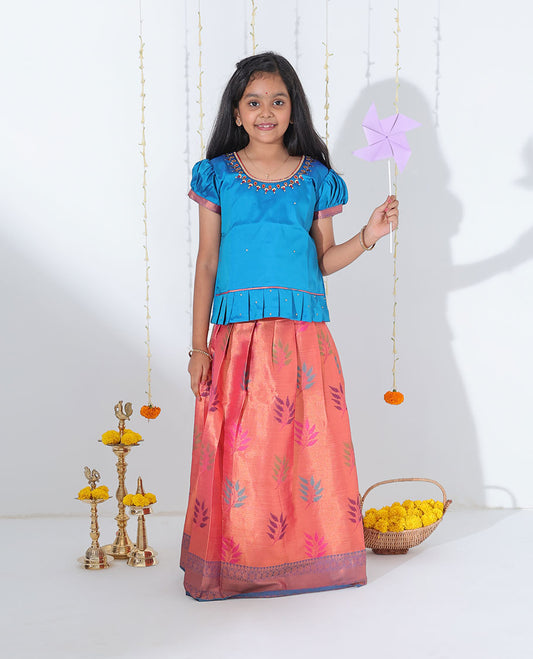 Orange leaf motifs readymade art silk pavadai, contrast traditional design zari border & embroidery puff-sleeve blouse