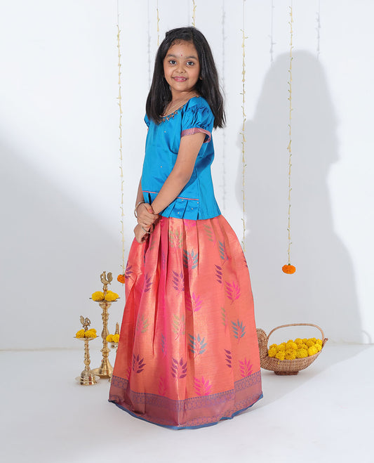 Orange leaf motifs readymade art silk pavadai, contrast traditional design zari border & embroidery puff-sleeve blouse