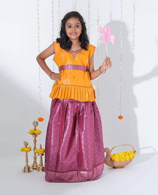 Purple jacquard readymade art silk pavadai with zari design border & contrast embroidery sleeveless blouse