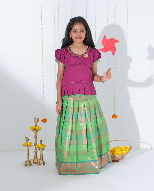 Green jacquard readymade art silk pavadai with contrast traditional design zari border & embroidery puff-sleeve blouse