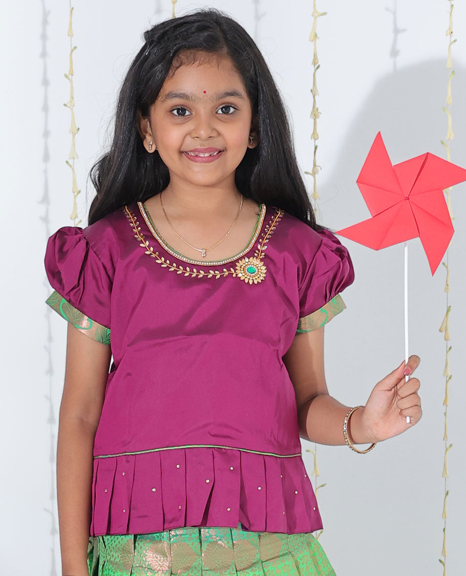 Green jacquard readymade art silk pavadai with contrast traditional design zari border & embroidery puff-sleeve blouse