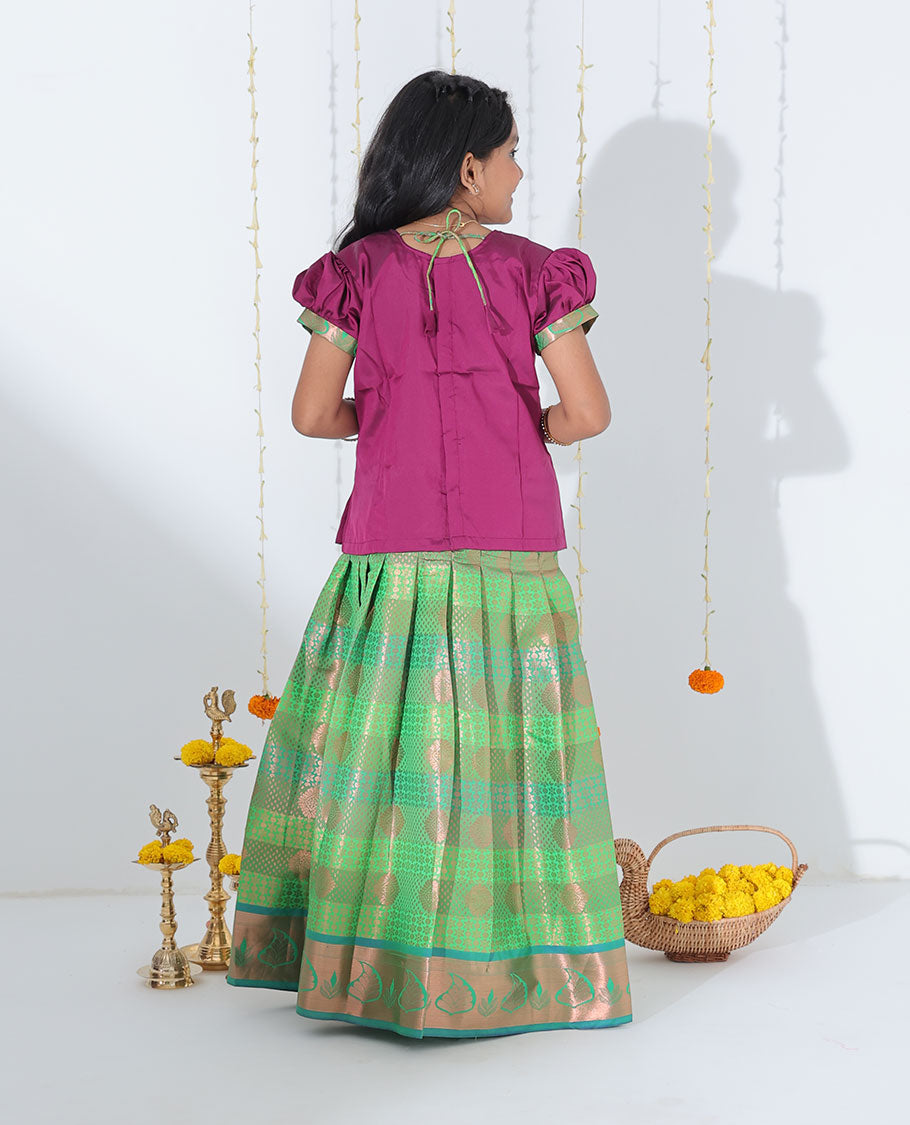 Green jacquard readymade art silk pavadai with contrast traditional design zari border & embroidery puff-sleeve blouse