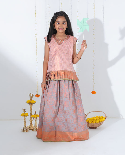 Grey zari design readymade art silk pavadai with contrast traditional design zari border & embroidery sleeveless blouse