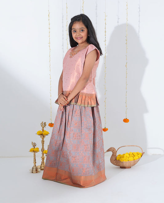 Grey zari design readymade art silk pavadai with contrast traditional design zari border & embroidery sleeveless blouse