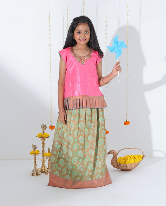 Green jacquard readymade art silk pavadai with traditional design zari border & contrast embroidery sleeveless blouse